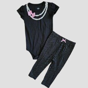 * LITTLE TREASURE Black and White Polka Dot and Pearls Pant Set 9-12 months